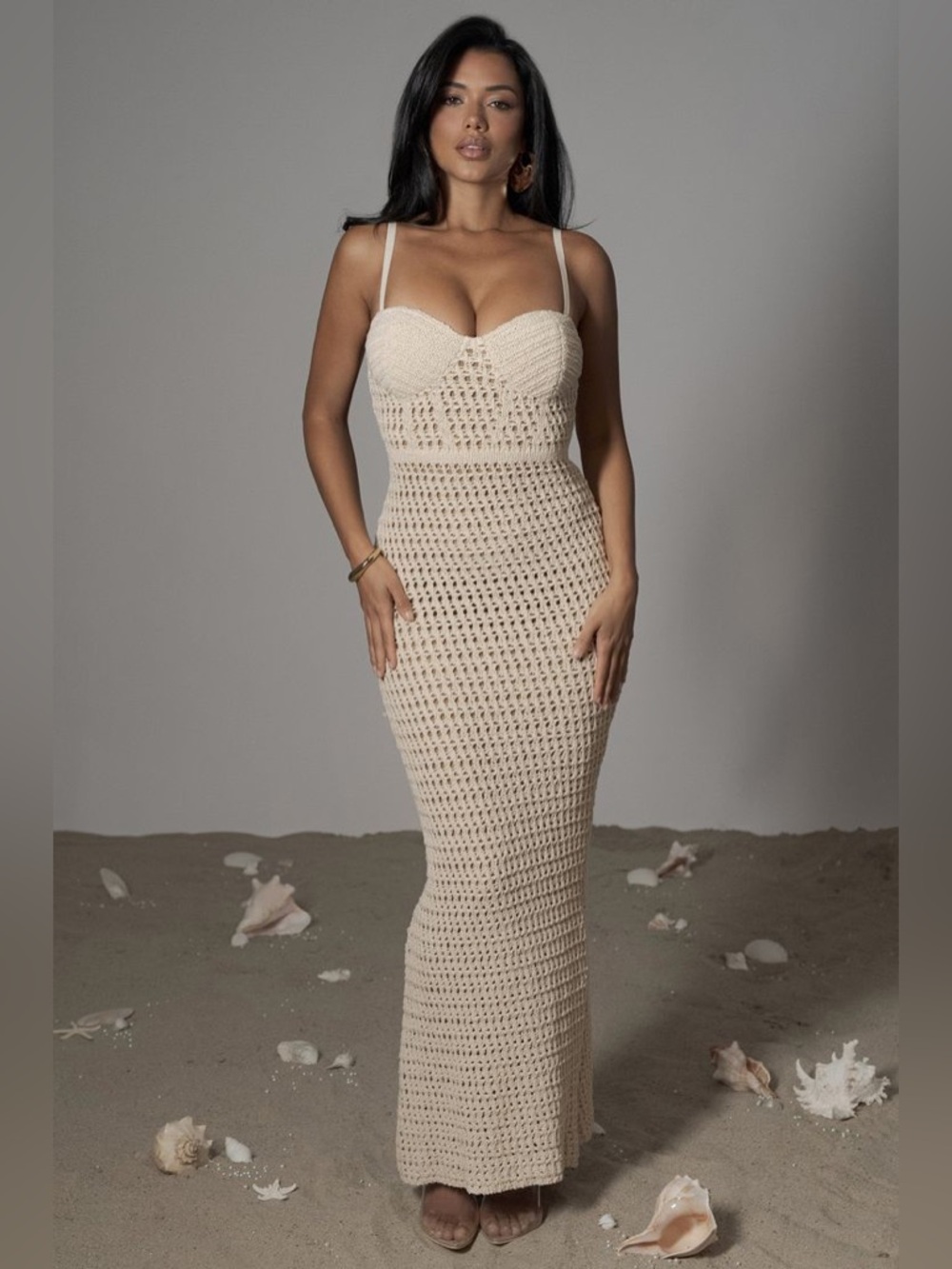 NWT JLUXLABEL Deep Sea Crochet Maxi Dress XL Cream Bustier Resort Vacation Bride
